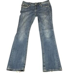 LA Idol USA Womens Bootcut Jeans Sz 9 Blue Rhinestone Cross Embellished Y2K NOTE